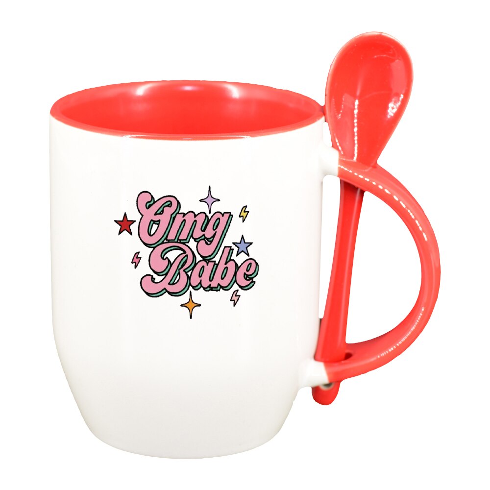 Cana cu mesaj OMG Babe cu lingurita, interior rosu, 330ml, D1426
